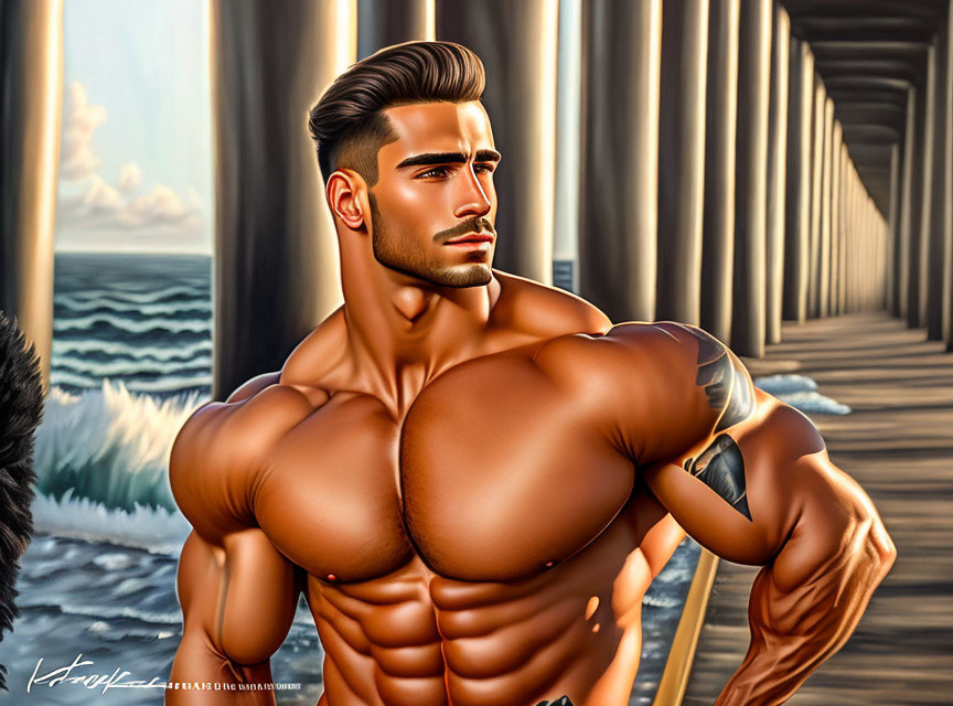 Muscular man with styled hair posing under pier by the ocean