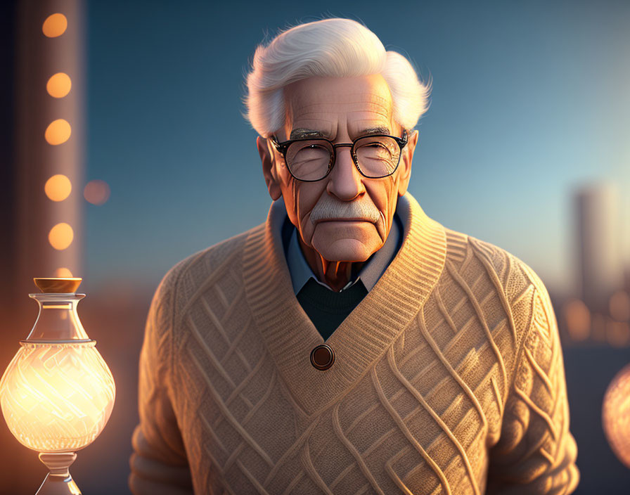 Elderly Man with White Hair and Glasses Outdoors at Sunset