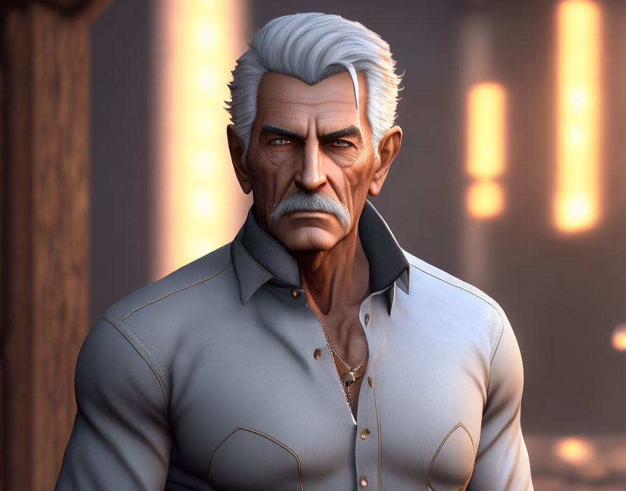 Elderly man 3D illustration: white hair, stern expression, open shirt, gold chain