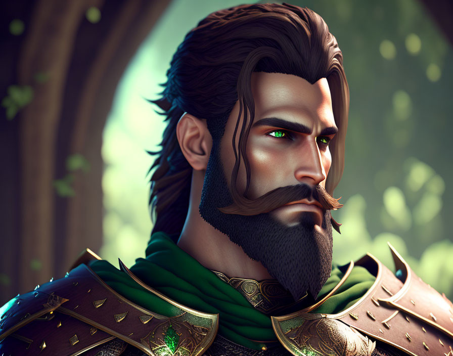 Fantasy knight with facial hair in green and brown armor in forest setting