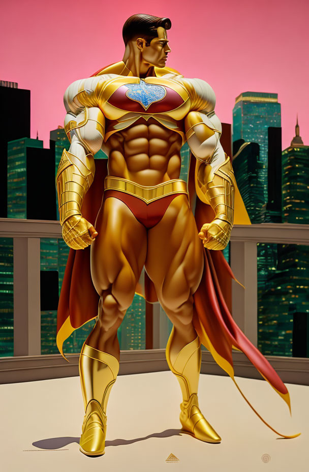 Muscular superhero in red cape and golden armor with emblem, cityscape backdrop