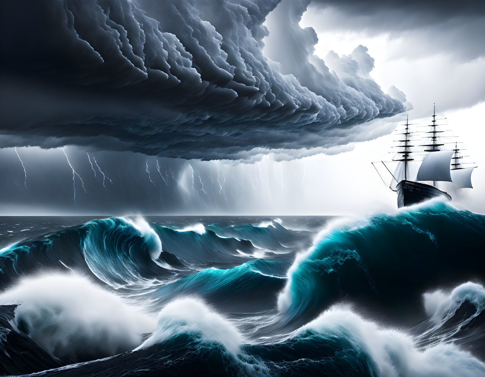 Sailing ship navigating stormy seas with towering waves and lightning