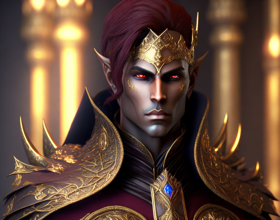 Elf king digital artwork: red hair, golden crown, armor, atmospheric backdrop.