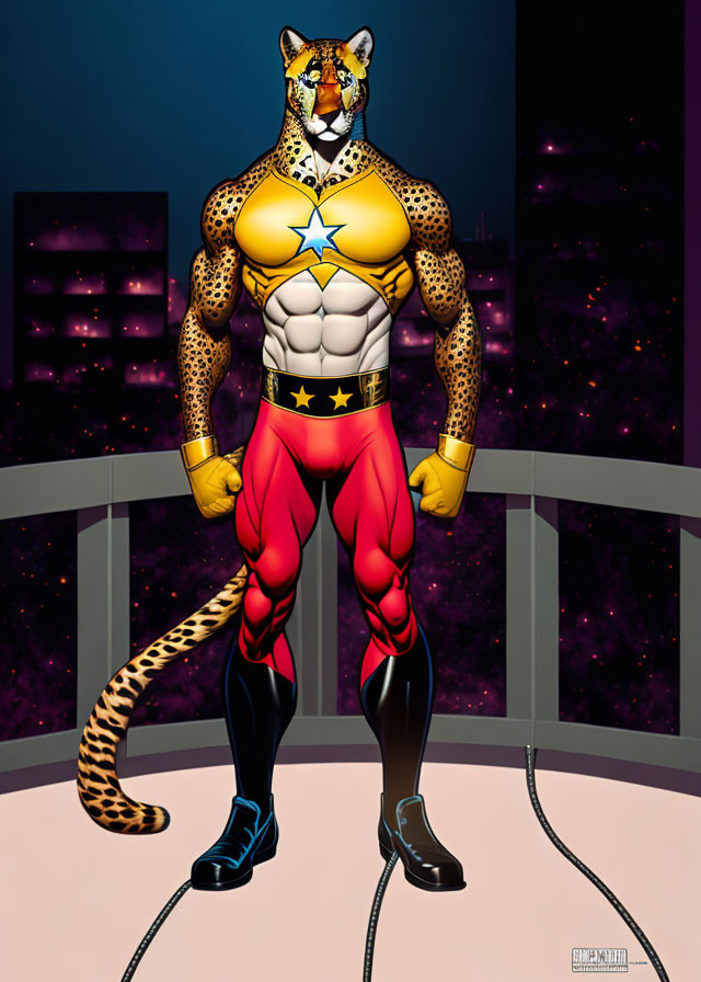 Muscular cheetah superhero in star costume on night rooftop