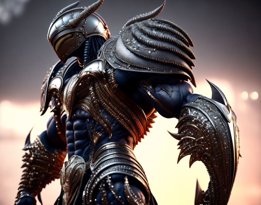 Person in ornate metallic armor under warm dramatic lighting