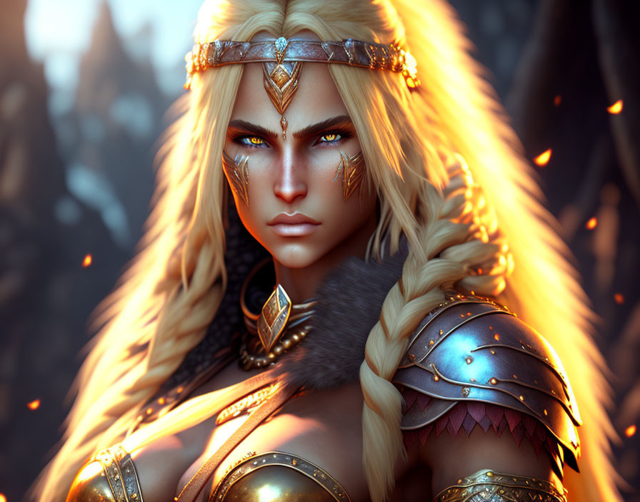 Fantasy elf warrior with blue eyes and golden armor in amber forest