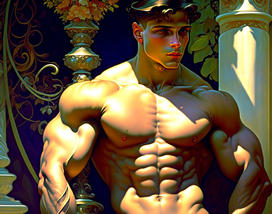 Muscular Man in Digital Painting with Ornate Architecture and Foliage