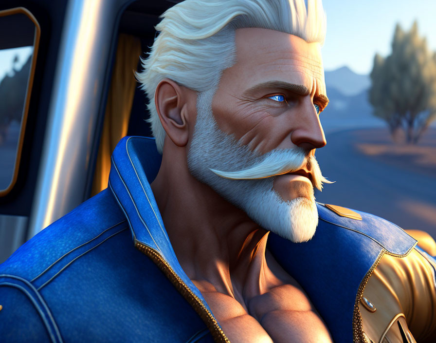 White-Haired 3D Character in Blue Jacket Close-Up with Desert Background