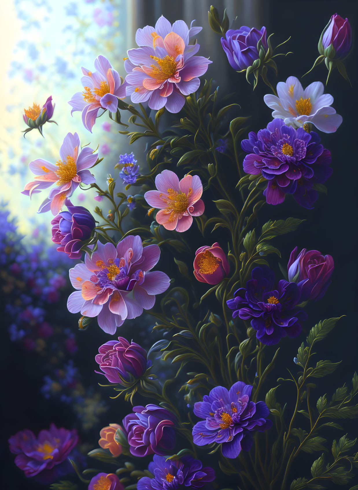 Colorful purple and pink flowers with green leaves on dark background in soft sunlight