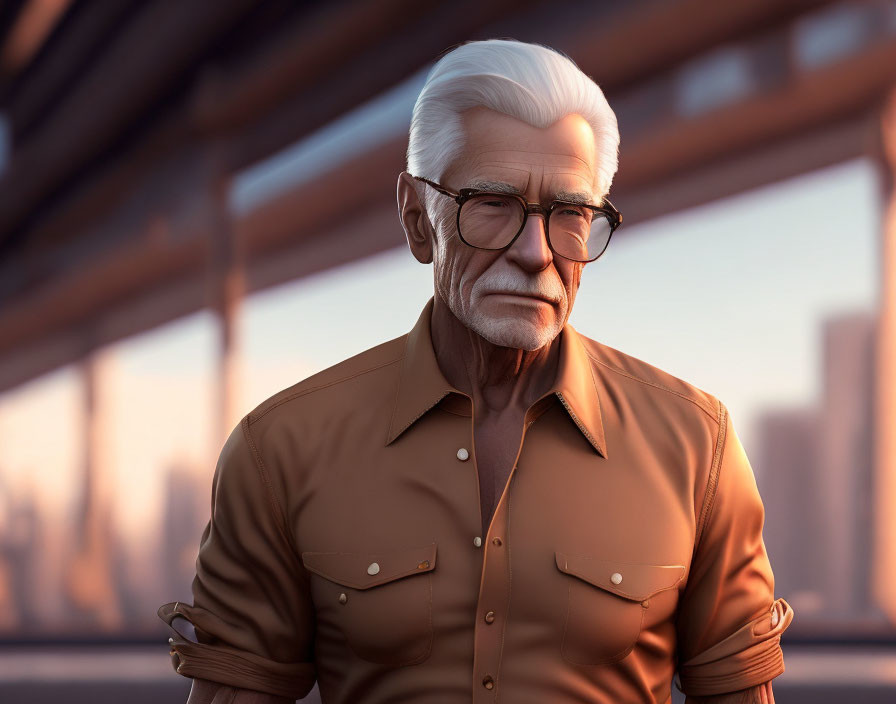 Elderly man 3D illustration: white hair, glasses, brown shirt, confident pose,