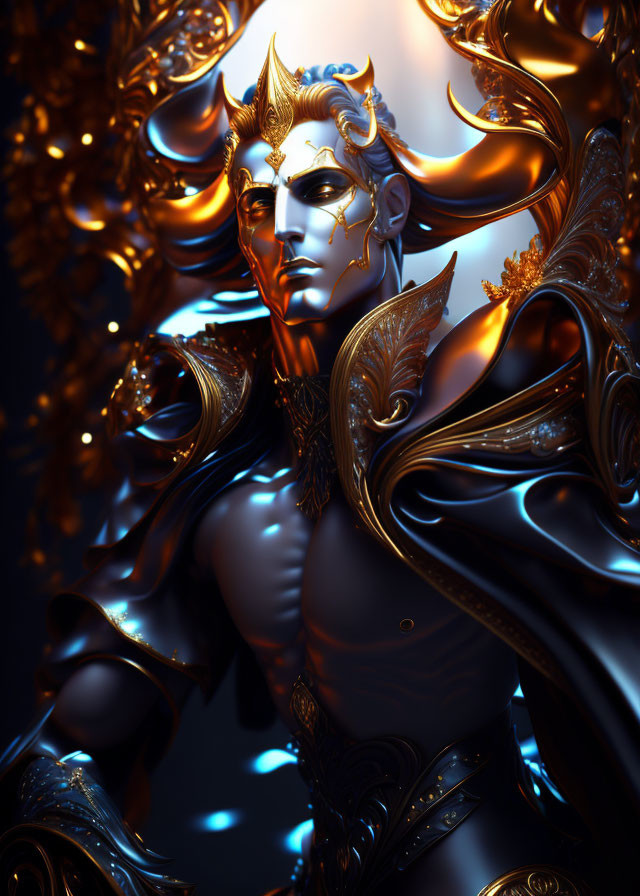 Golden-armored figure with regal detailing in moody setting