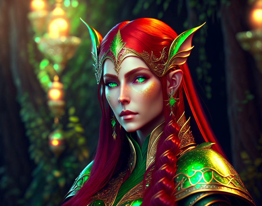 Fantasy elf with red hair and golden headpieces in lantern-lit forest