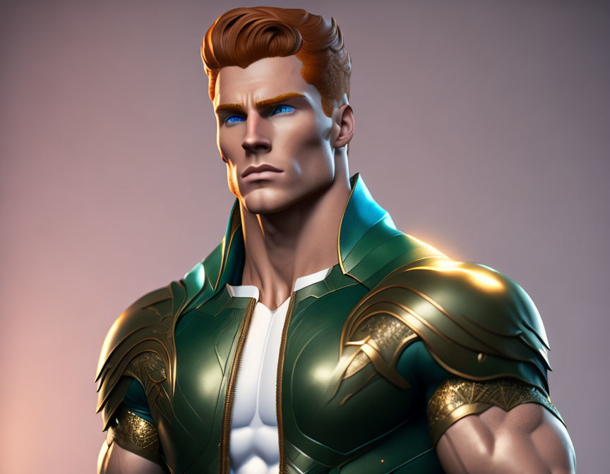 Male superhero illustration: square jaw, blue eyes, red hair, green & gold suit.