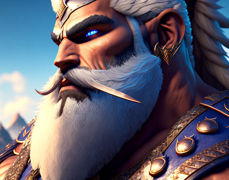 Bearded character with glowing blue eyes in ornate armor against sky