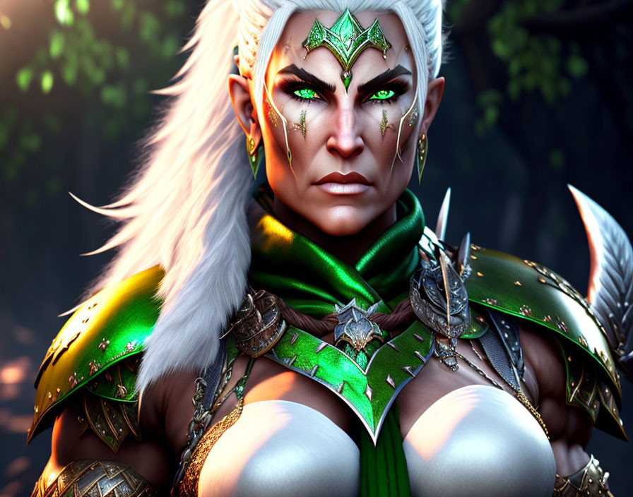 Fantasy elven warrior with white hair and green eyes in ornate armor