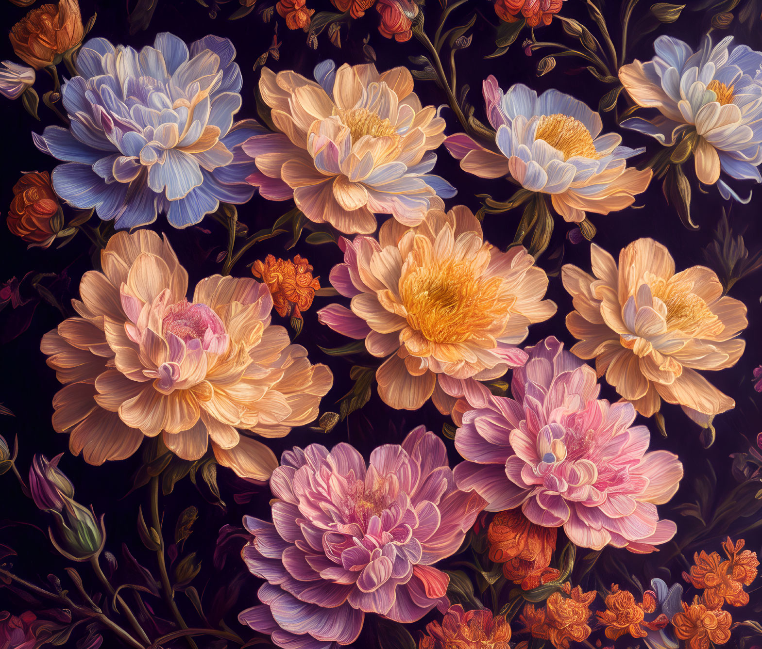 Colorful Floral Illustration with Pink, Yellow, and Blue Flowers on Dark Background