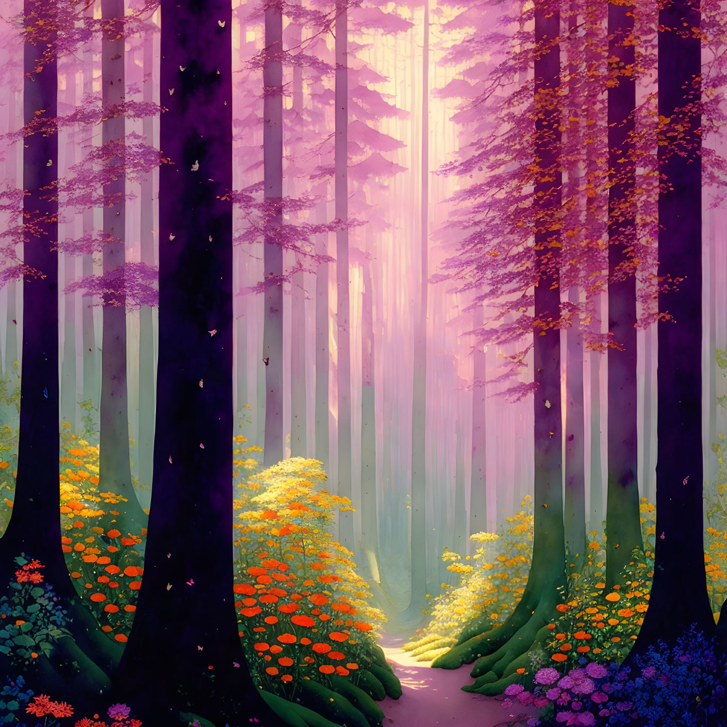 Sunlit Purple Forest with Colorful Flower Path