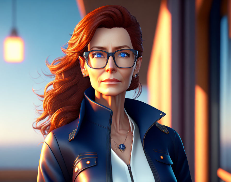 Stylized 3D illustration of woman with red hair and glasses