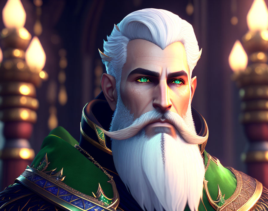 Regal character with white hair, beard, green eyes in green and gold coat against ornate background