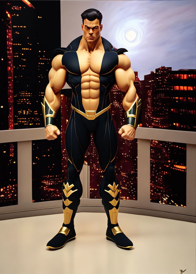 Muscular superhero in black and gold suit against cityscape at dusk