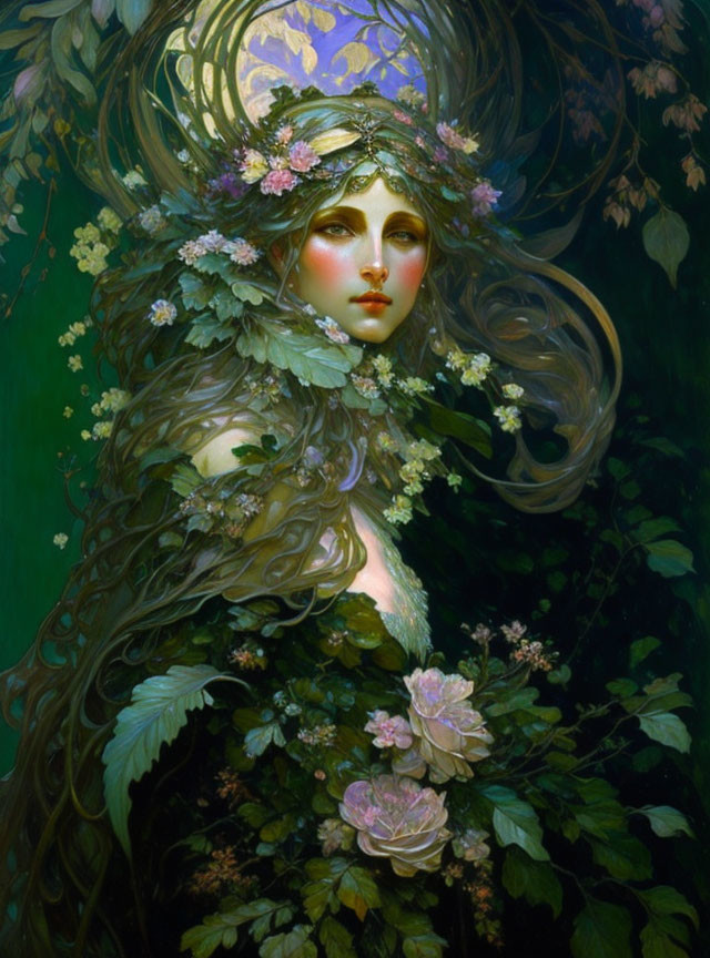 Whimsical painting of woman with floral headdress in lush greenery