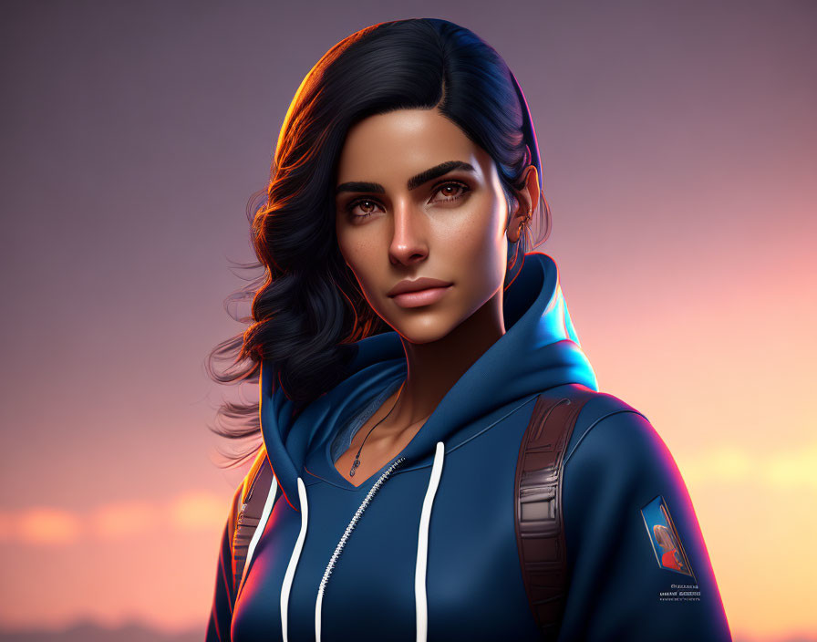 Dark-haired woman in blue hoodie with backpack against sunset backdrop.