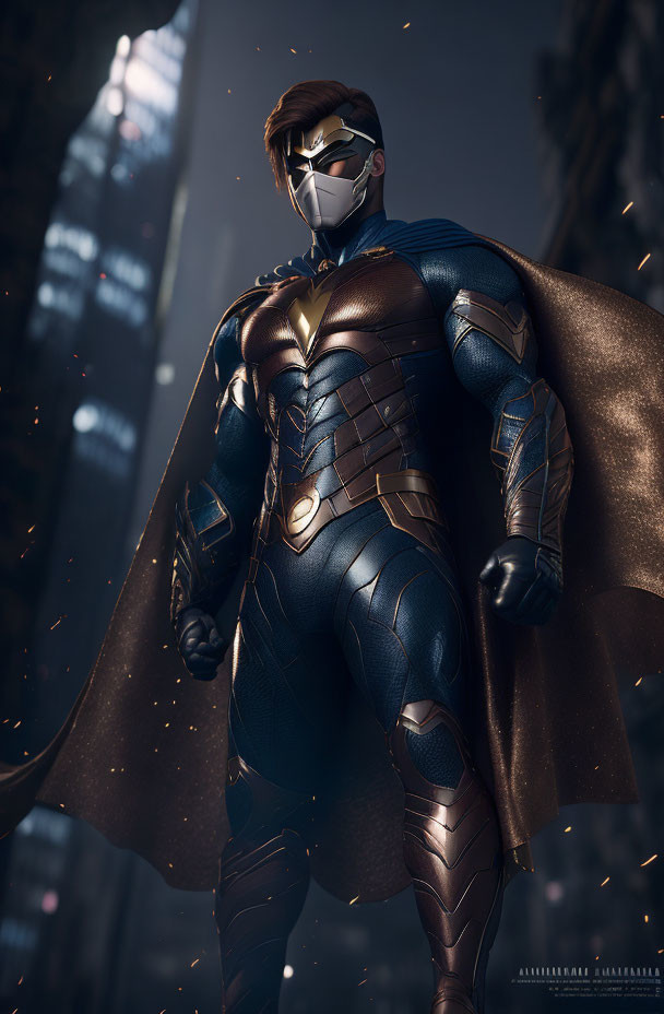 Heroic figure in blue and gold armor with cape in nighttime cityscape.