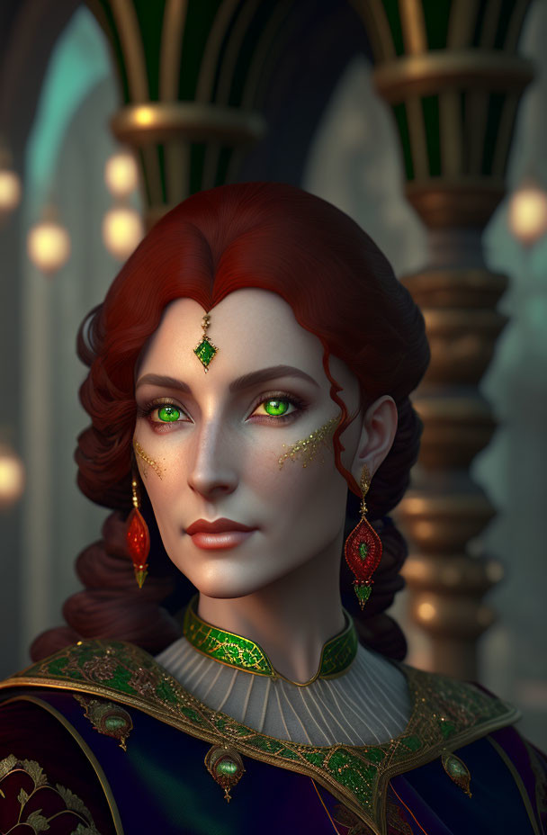 Digital portrait of a woman with red hair, green eyes, emerald jewelry, and ornate attire