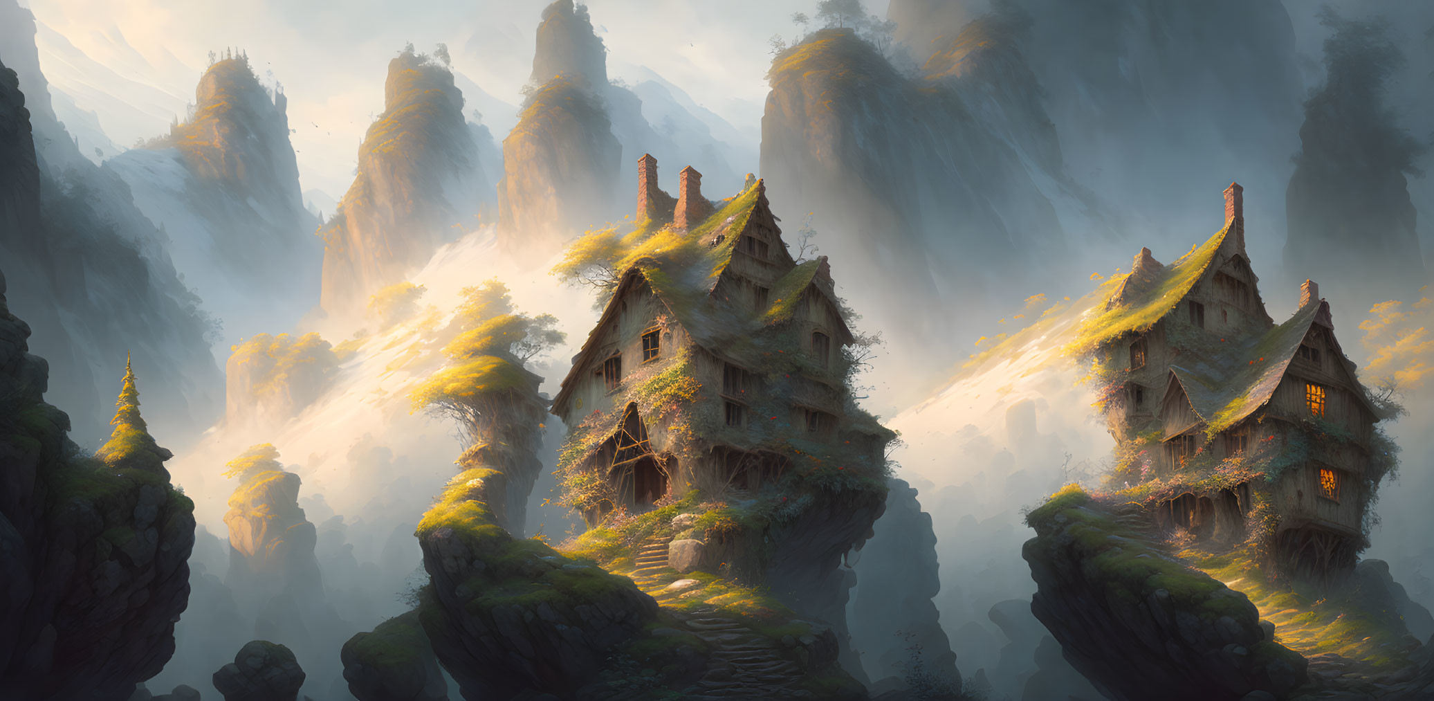 Mystical Mountain Landscape with Overgrown Cottages and Ethereal Mist