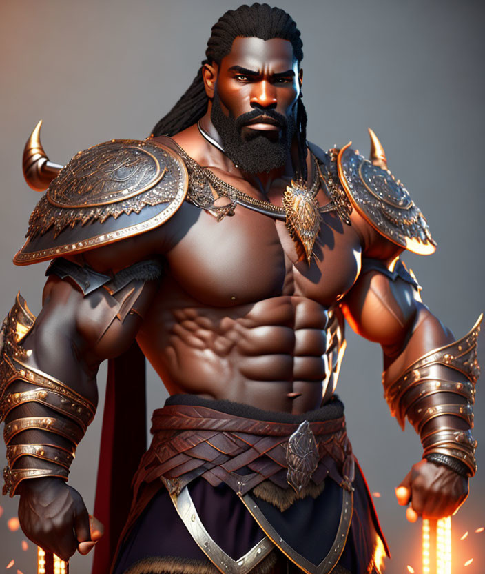 Dark-skinned warrior in ornate bronze armor and purple sash.