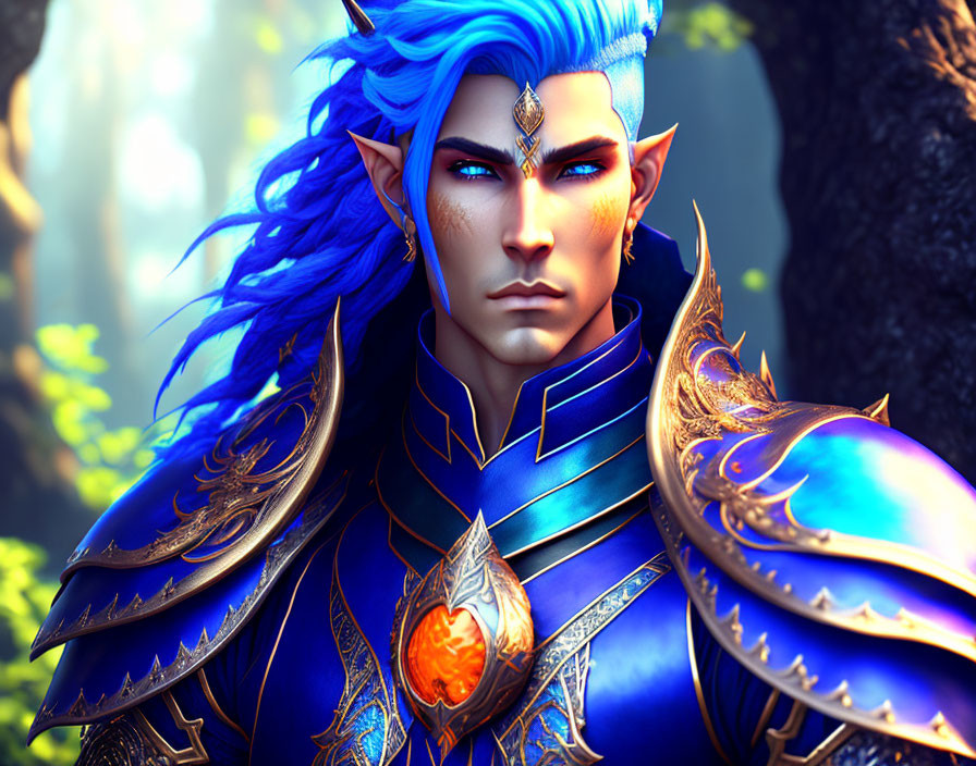 Ethereal male figure with blue skin in blue and gold armor against mystical forest.