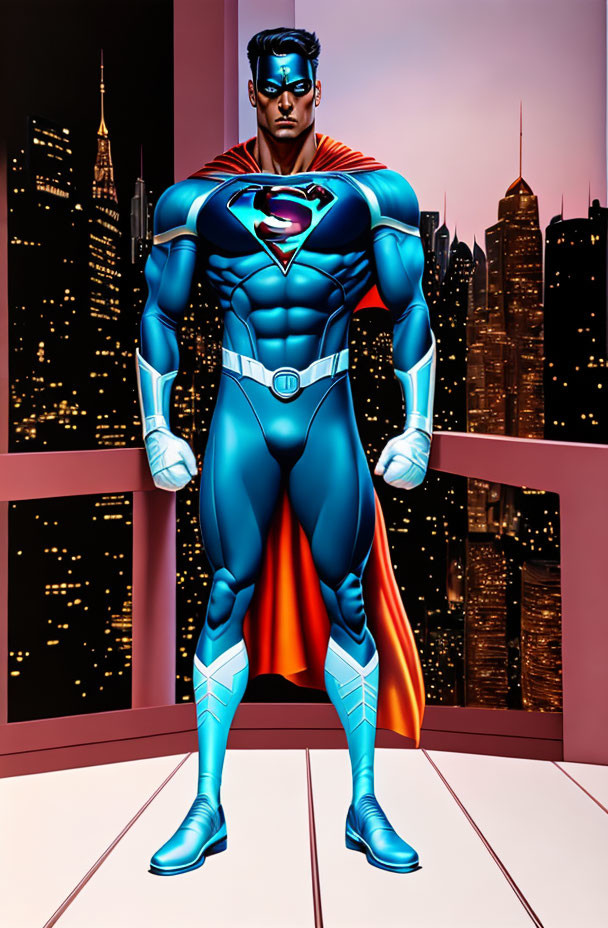 Superman illustration: Heroic pose at dusk city skyline