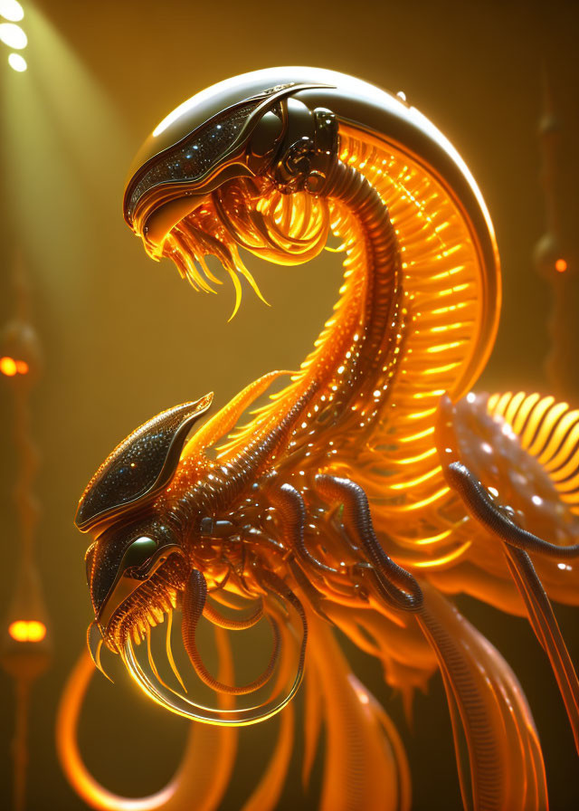 Shiny exoskeleton alien in golden environment