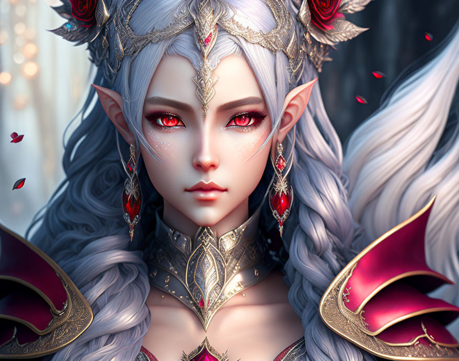 Illustrated elven character with white hair, red eyes, gold and red jeweled crown, rose