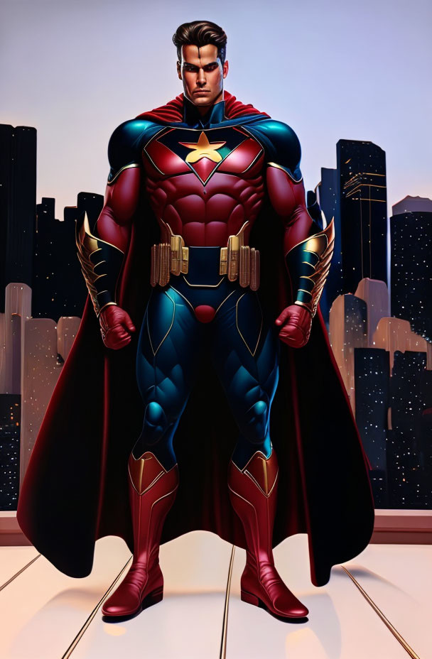 Superhero in red and blue suit with gold belt and star emblem against city skyline