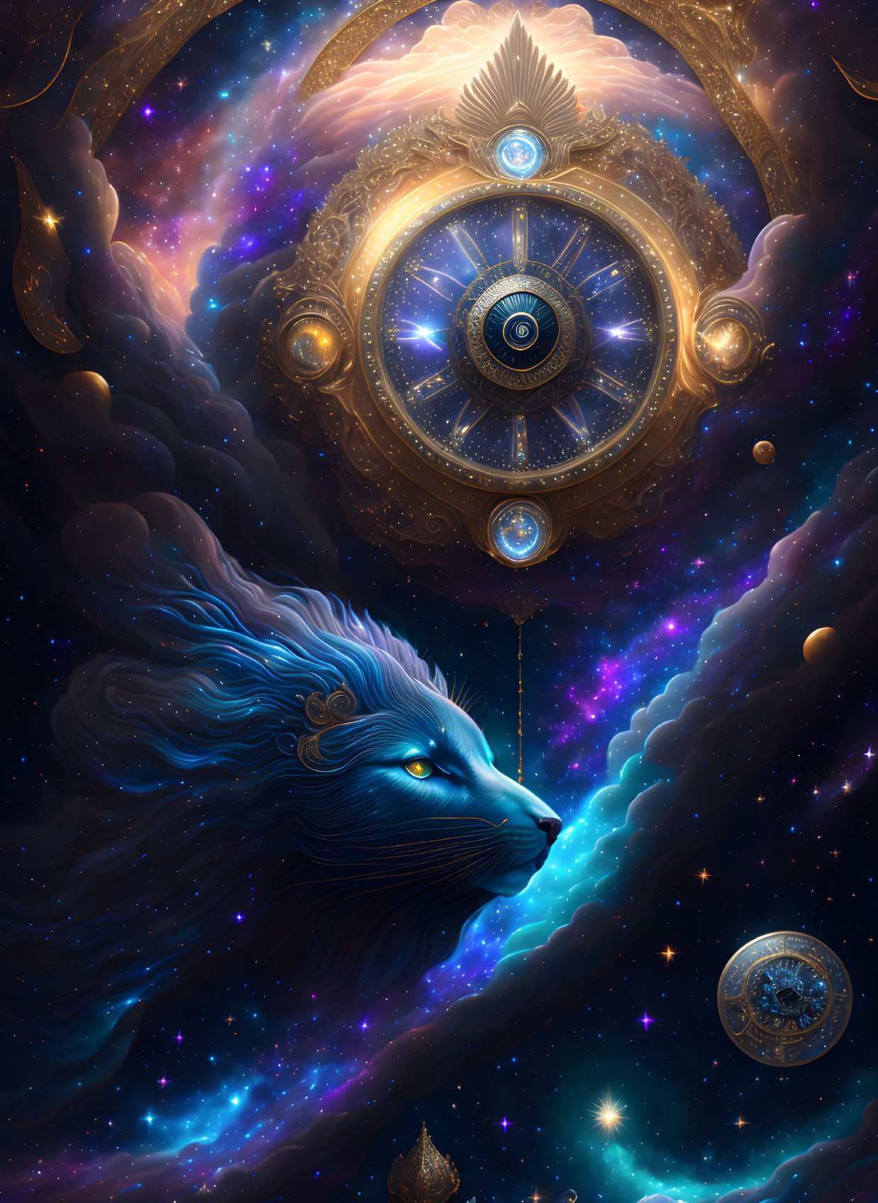 Majestic blue lion's head in cosmic scene with celestial clock