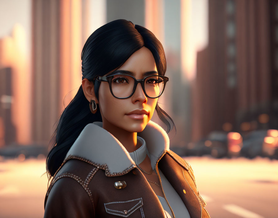 Digital portrait of woman with black hair and glasses in brown jacket against cityscape sunset.