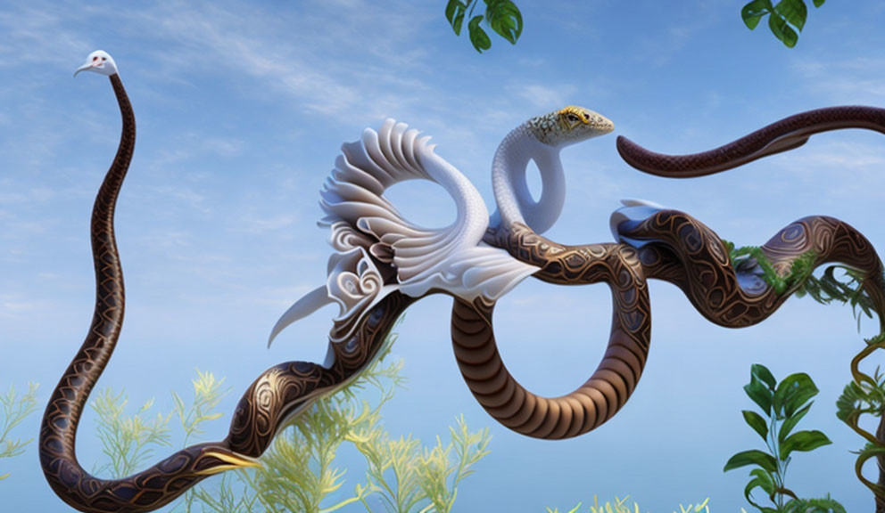 Intricate winged serpents in sky with foliage and bird hint