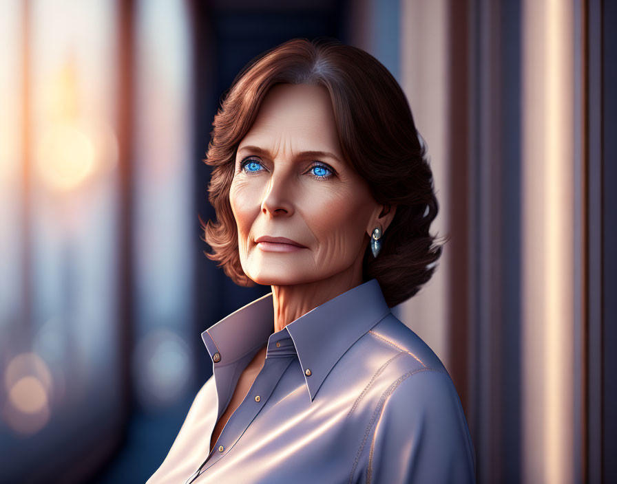 Mature woman digital artwork with blue eyes and brown hair wearing earrings and light shirt