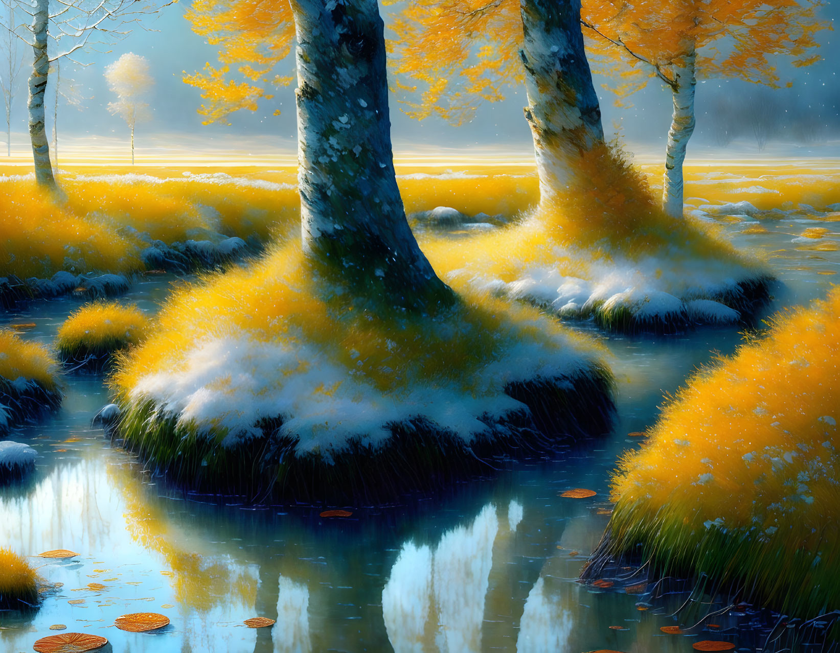 Golden autumn foliage and snow-covered trees reflecting in tranquil water.