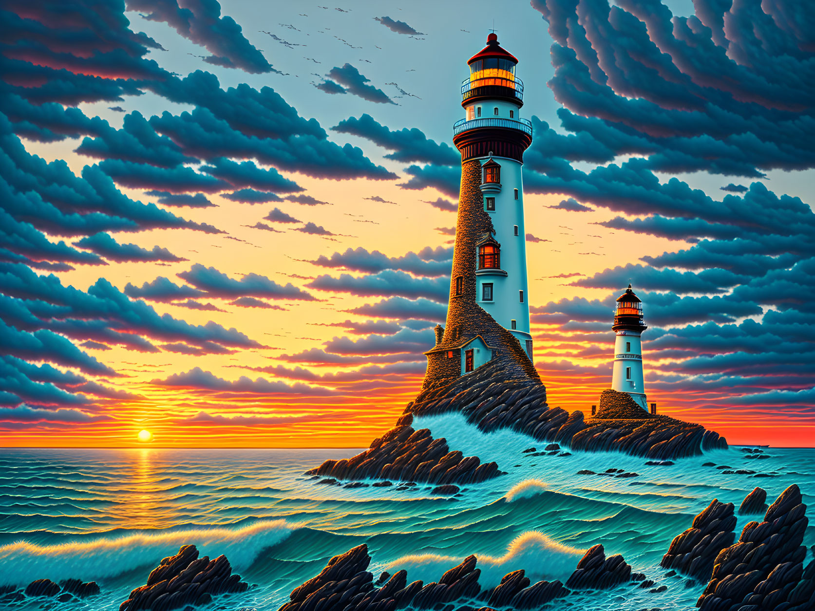 Digital art: Twin lighthouses on cliffs at sunset