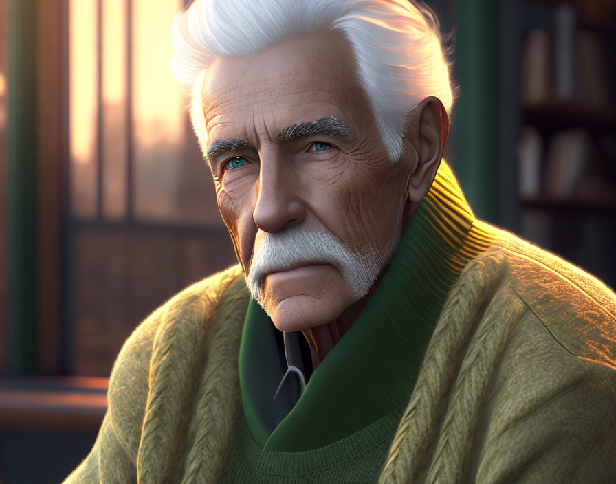 Elderly man with white hair and mustache in sweater and scarf