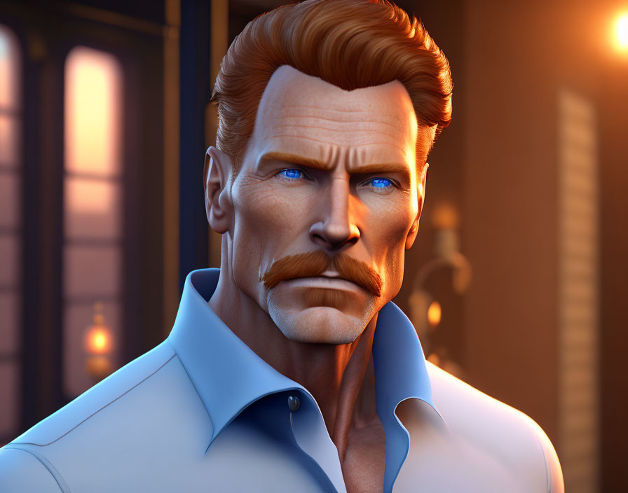 Stylized man with mustache in blue shirt on warm lit backdrop