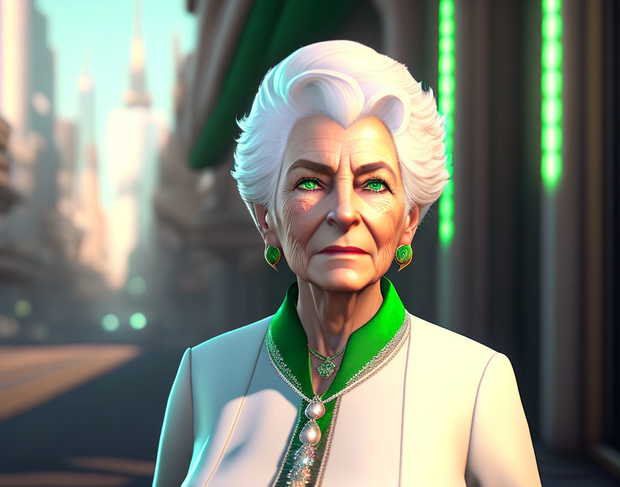 Elderly animated female character in futuristic cityscape with white hair and green jewelry