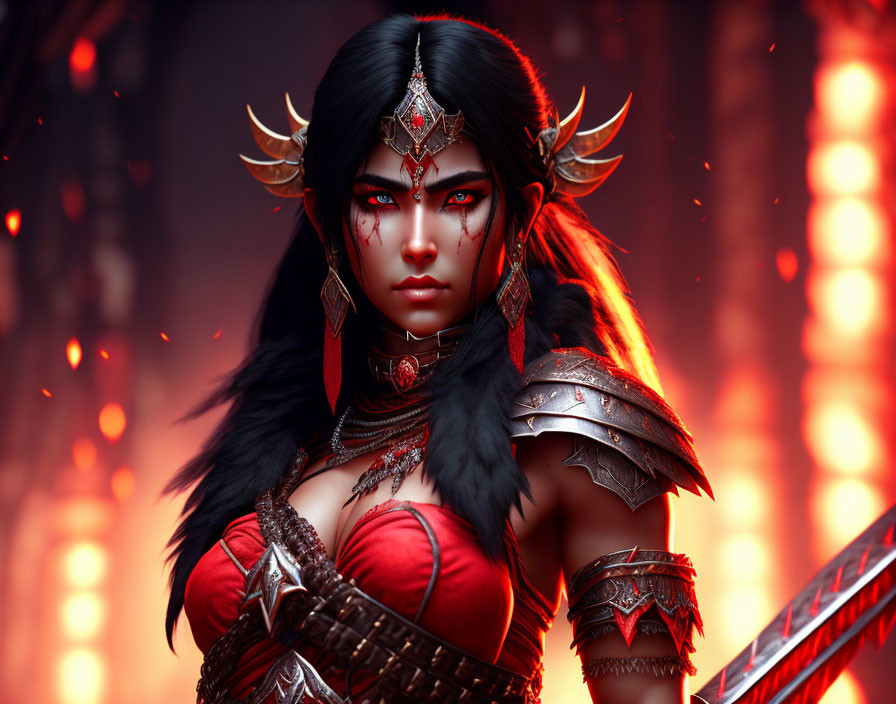 Female warrior in ornate armor with red eyes and face paint ready for battle