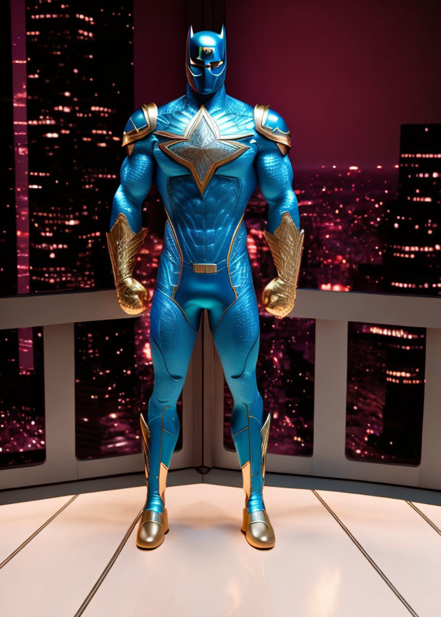 Superhero CGI image in blue and gold costume with cityscape backdrop