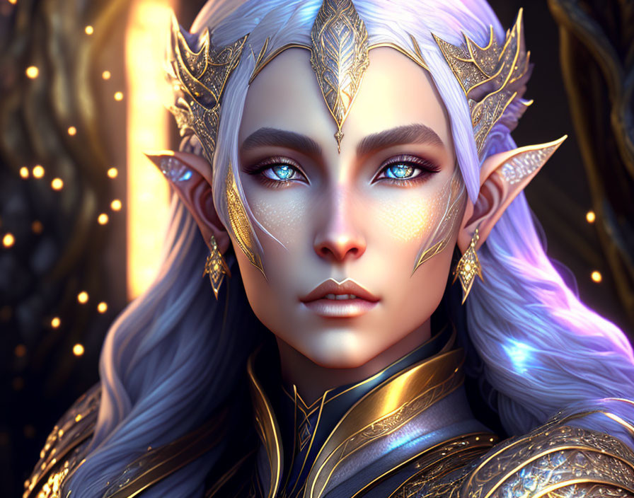 Regal elf portrait with white hair and gold armor