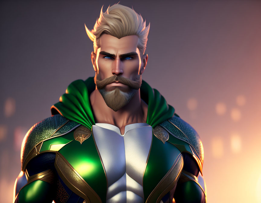 Blonde-bearded hero in green and gold costume standing confidently