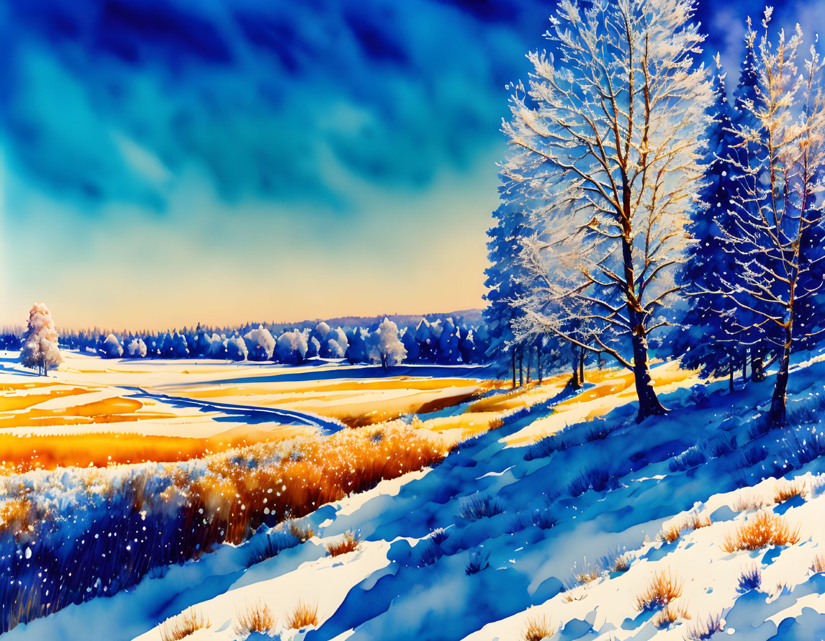 Snow-covered Winter Landscape with Frosty Trees under Dramatic Blue Sky