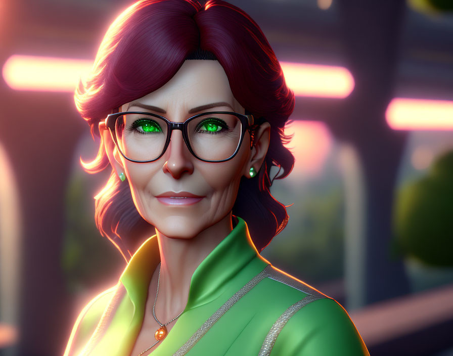 Portrait of mature woman with red hair, green eyes, and glasses under neon lights